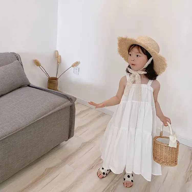 Girls Cotton Solid White Dress Ruffles Kids Strap Dress Summer Sleeveless Toddler Baby Long Dress Girl Clothes 1-6Y Kleid/robe