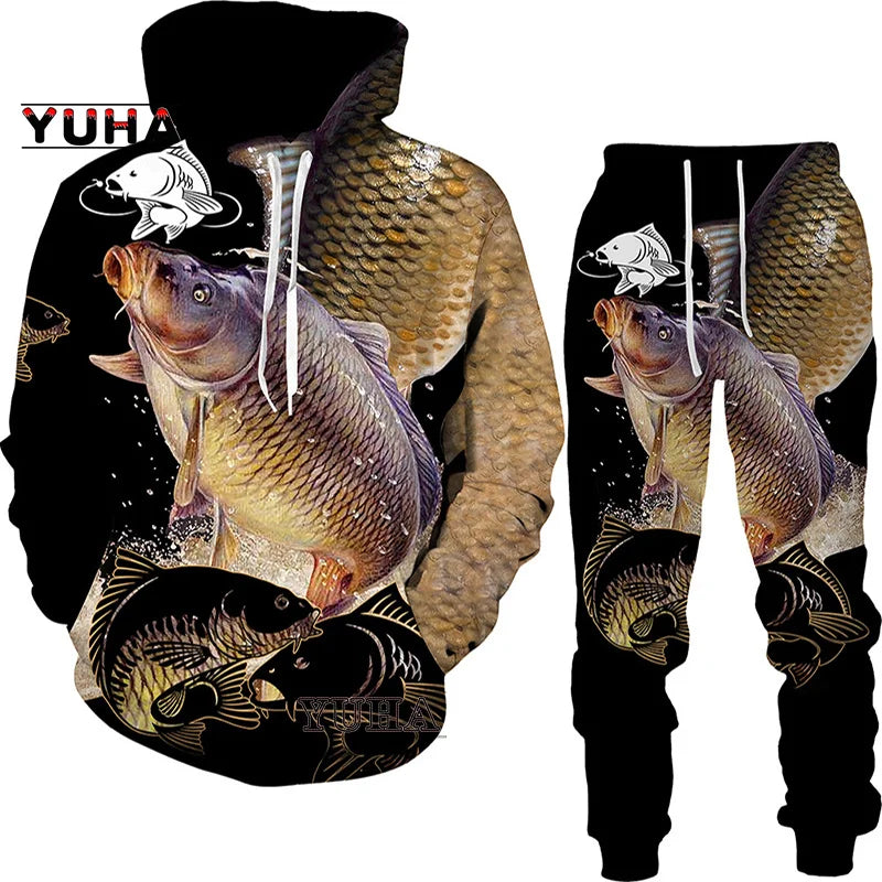 New 3D Fishing Art Print Casual Couple Hoodies Outfits Hip Hop Streetwear Hooded Sweatshirt+Sweat Pants Men's Tracksuit Set Lootquake LLC