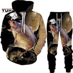 New 3D Fishing Art Print Casual Couple Hoodies Outfits Hip Hop Streetwear Hooded Sweatshirt+Sweat Pants Men's Tracksuit Set Lootquake LLC