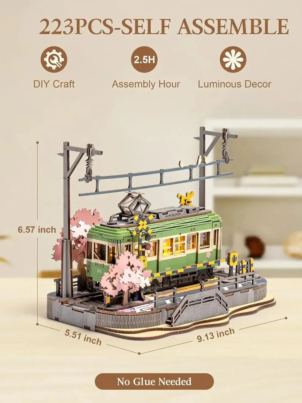 Robotime Sakura Journey Tram 3D Wooden Puzzles with LED Lights Home Decor Gift for Adults Women Girls Lootquake LLC