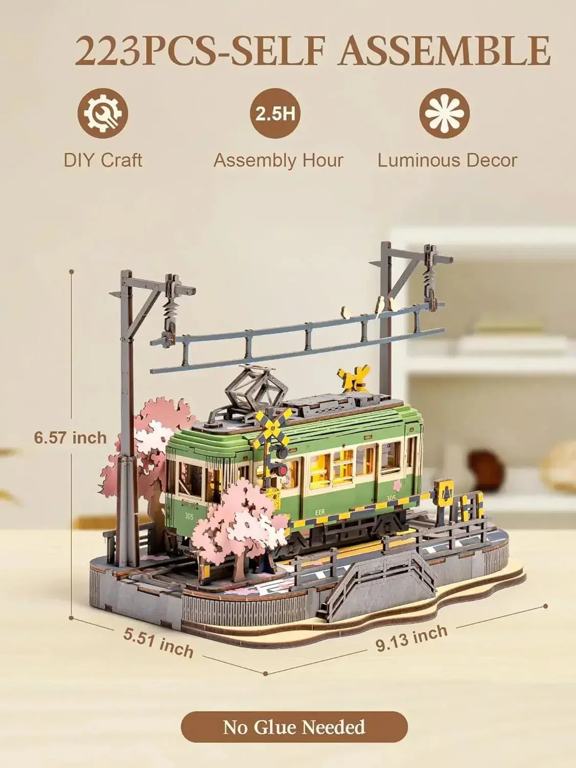 Robotime Sakura Journey Tram 3D Wooden Puzzles with LED Lights Home Decor Gift for Adults Women Girls Lootquake LLC