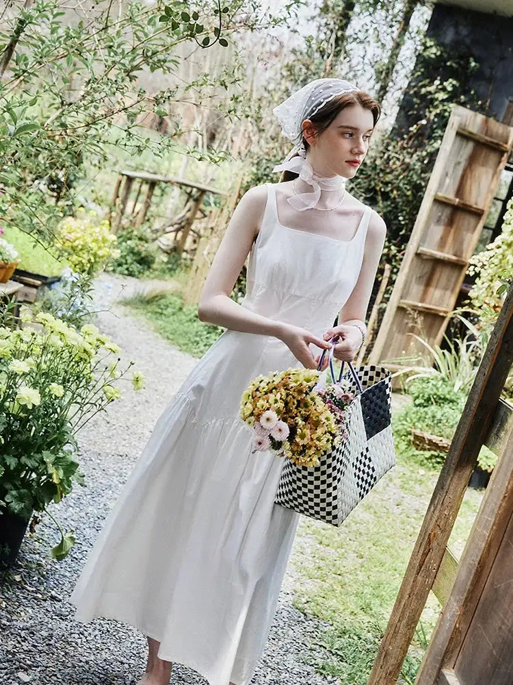FSLE French White Suspender Long Dress 100% Cotton 2024 Summer New Loose Temperament Ankle-Length Female Dresses 24FS12048