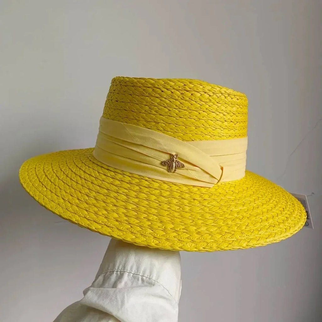 Summer Straw Hat 2024 New Flat Top French Straw Hat Elegant Women's Outdoor Vacation Sun Hat Summer Hat 모자 gorras beach