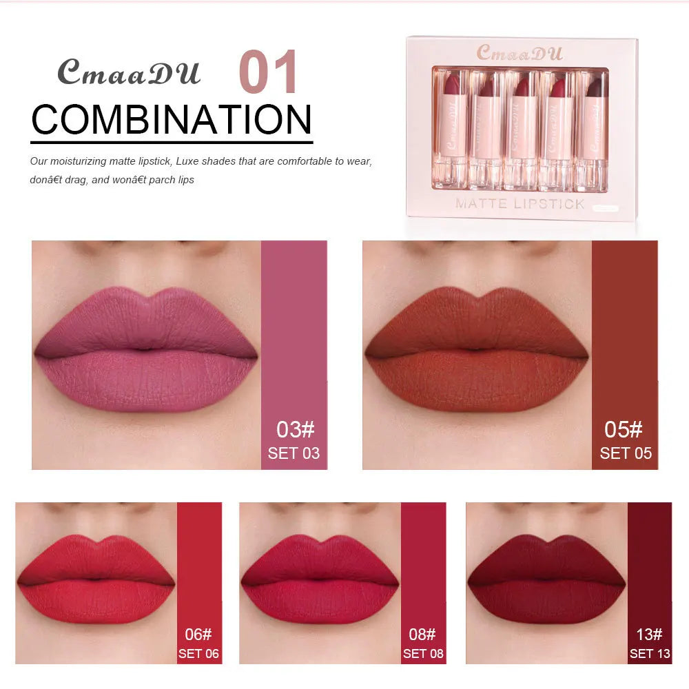 5 Pcs  Matte Lipstick Sets Lip Gloss Moisturizing Long-lasting Easy Makeup Fashion Classic Shades For Daily Date Exquisite Gift Lootquake LLC