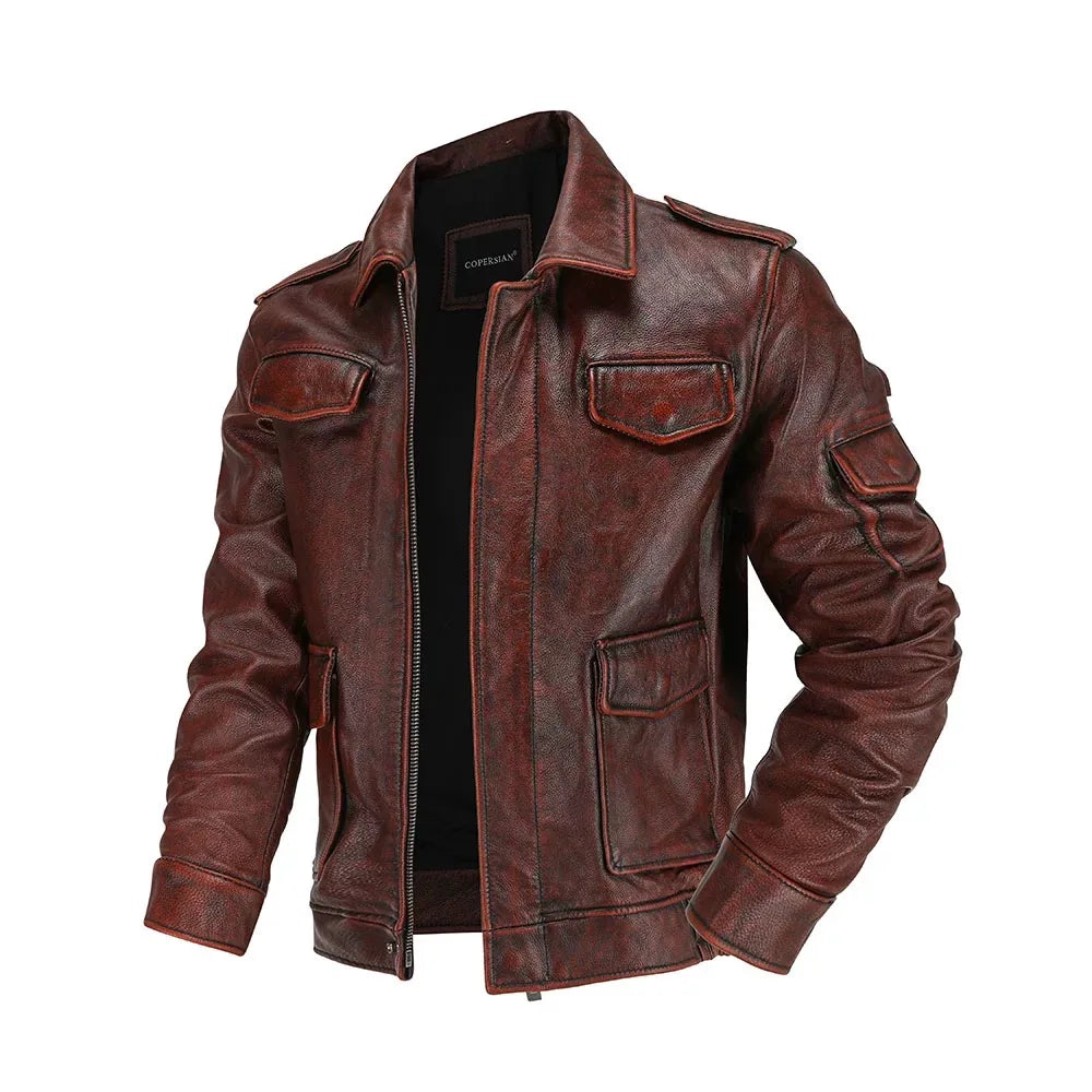 M65 Top Layer Cowhide Jacket  Fashion SlimFit Stand Collar Leisure Bomber Jacket 100% Genuine Leather Men's Vintage Short Pi-Mart
