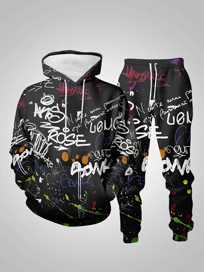 The new men's hoodie set for Spring and Autumn 2025 features a casual fashionable and comfortable 3D graffiti pattern print Pi-Mart