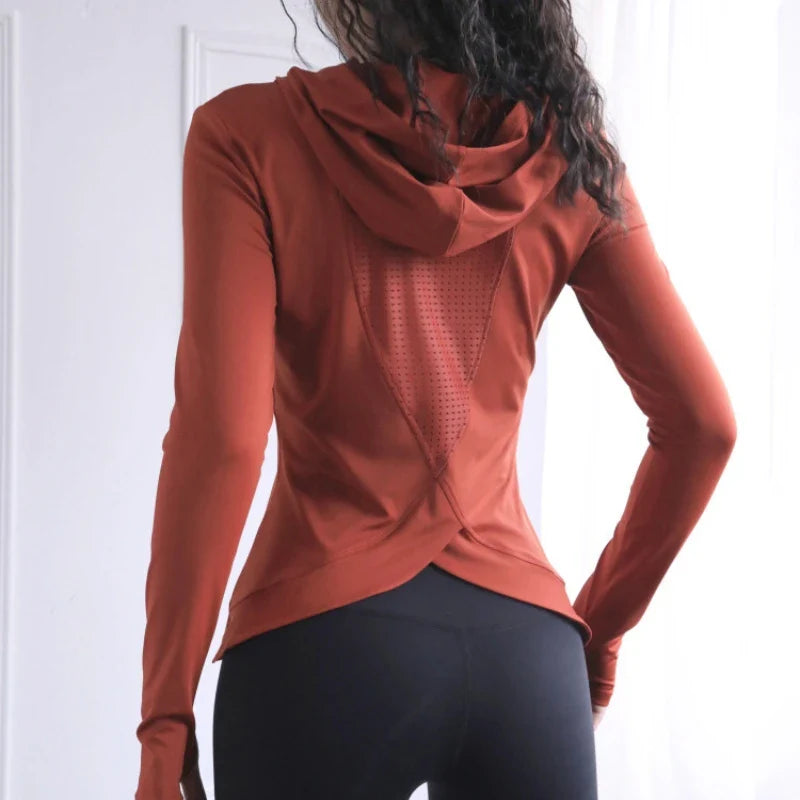 BreatheFit Women's Long Sleeve Yoga Hoodie Top THRIXINE