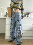 Autumn Winter New Ladies Cargo Jeans American Street Style Baggy Cargo Pants Women Blue Multi-pocket Wide Leg Jeans for Women Lootquake LLC