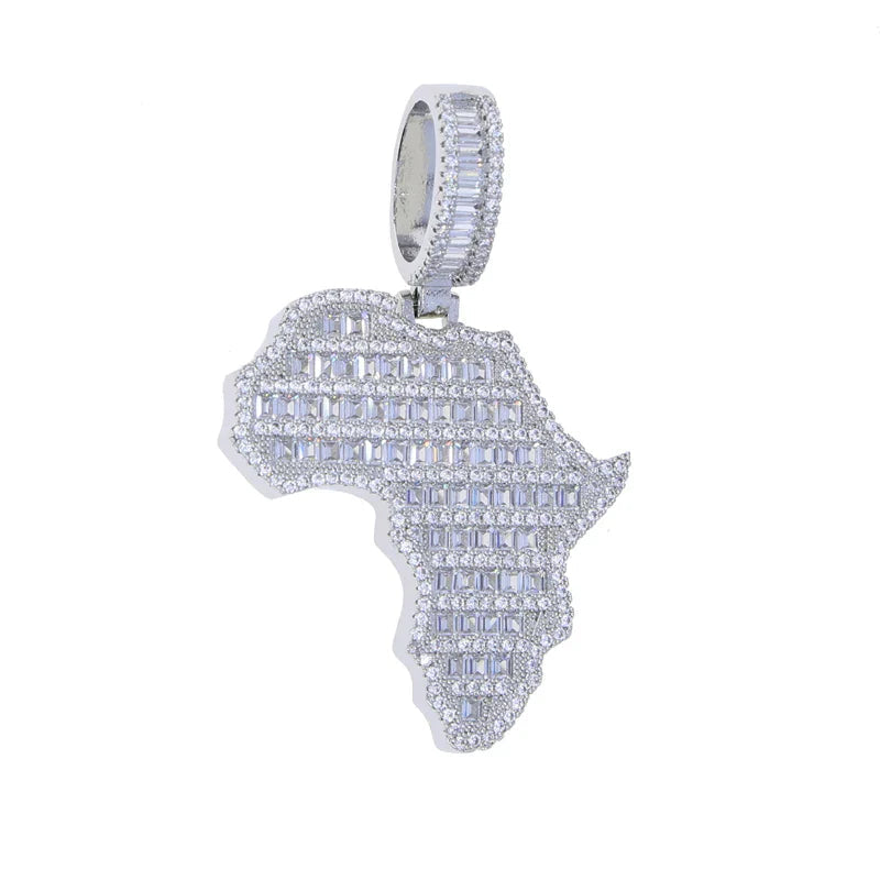 New Arrive Rectangle Cubic Zirconia CZ Paved Bling Africa Map Shaped Pendant Necklace Hip Hop Men Boy Cool Meaning Jewelry Lootquake LLC