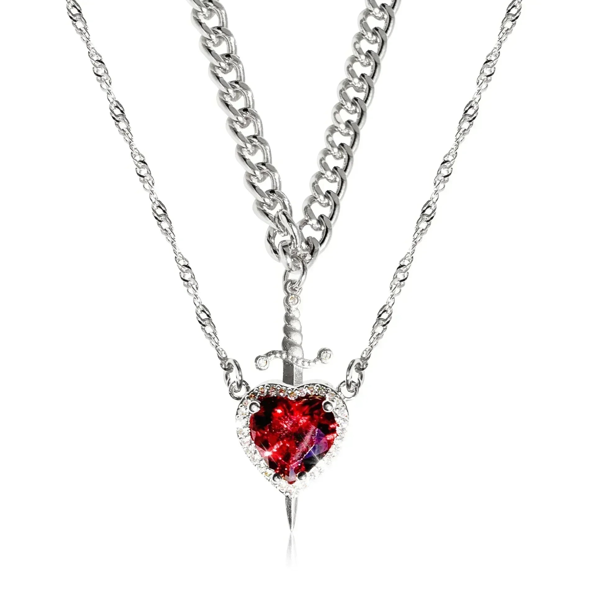 Heart and Sword Necklace Set of 2 - 18K Gold Plated STAINLESS STEEL Crystal Couple Necklaces for Women Men Boyfriend Girlfriend