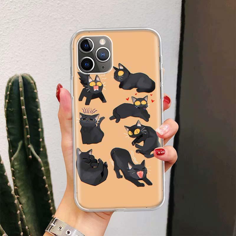 Black Cat Cartoon Cute For Iphone 11 13 14 Pro Max 12 Mini Phone Case X Xs Xr 6 6s 8 7 Plus Se 5 5s Cover Cute Funny Aesthetic Cat Design Pattern Silicone Soft Phone Case Stevvex