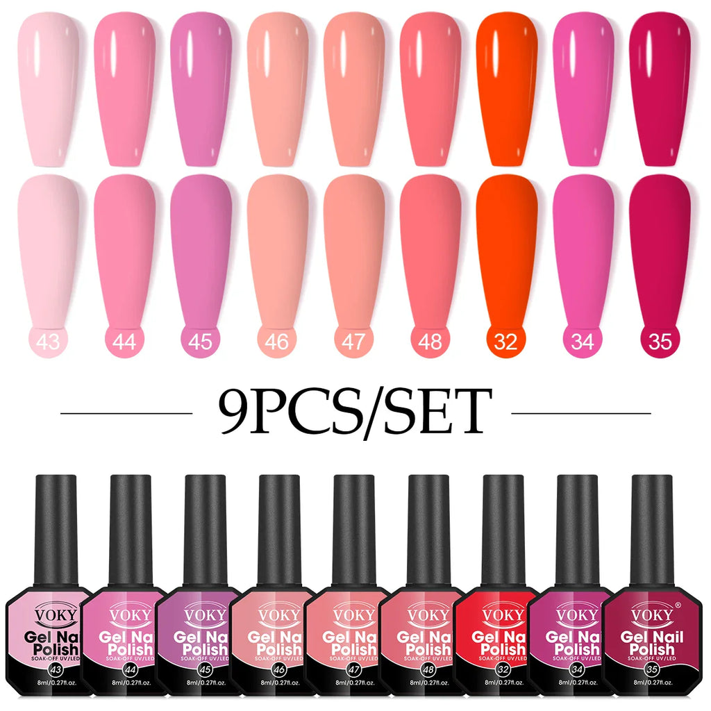 Gel Nail Polish Set, 9-piece, hypoallergenic, fragration-free, washable, advanced gel formulation for home nail and salon use