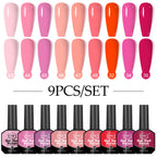 Gel Nail Polish Set, 9-piece, hypoallergenic, fragration-free, washable, advanced gel formulation for home nail and salon use