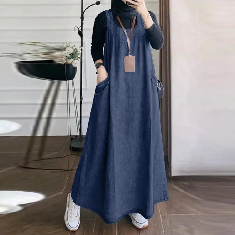 Summer Muslim Long Dress Abaya ZANZEA Women Vintage Sleeveless Denim Blue Maxi Vestidos Dubai Robe Casual Loose Ramadan Sundress