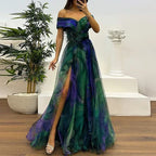 Women 2025 Pattern High Waist Party Dress Sexy Slit Mesh Cocktail Gala Dress Fashion One Shoulder Female Pleated Evening Dress