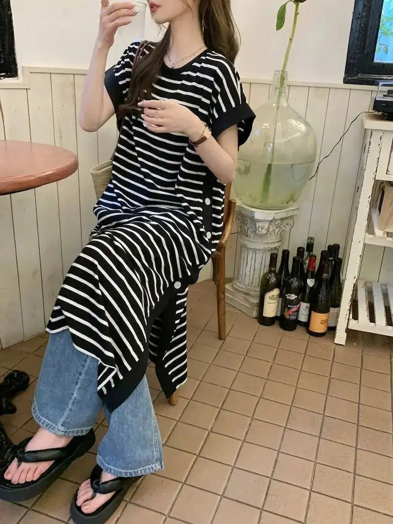 2024 New Casual Korean Striped O-neck Short Sleeve Long Dress Ladies Simplicity Patchwork Loose Tshirt Dress Women Clothing