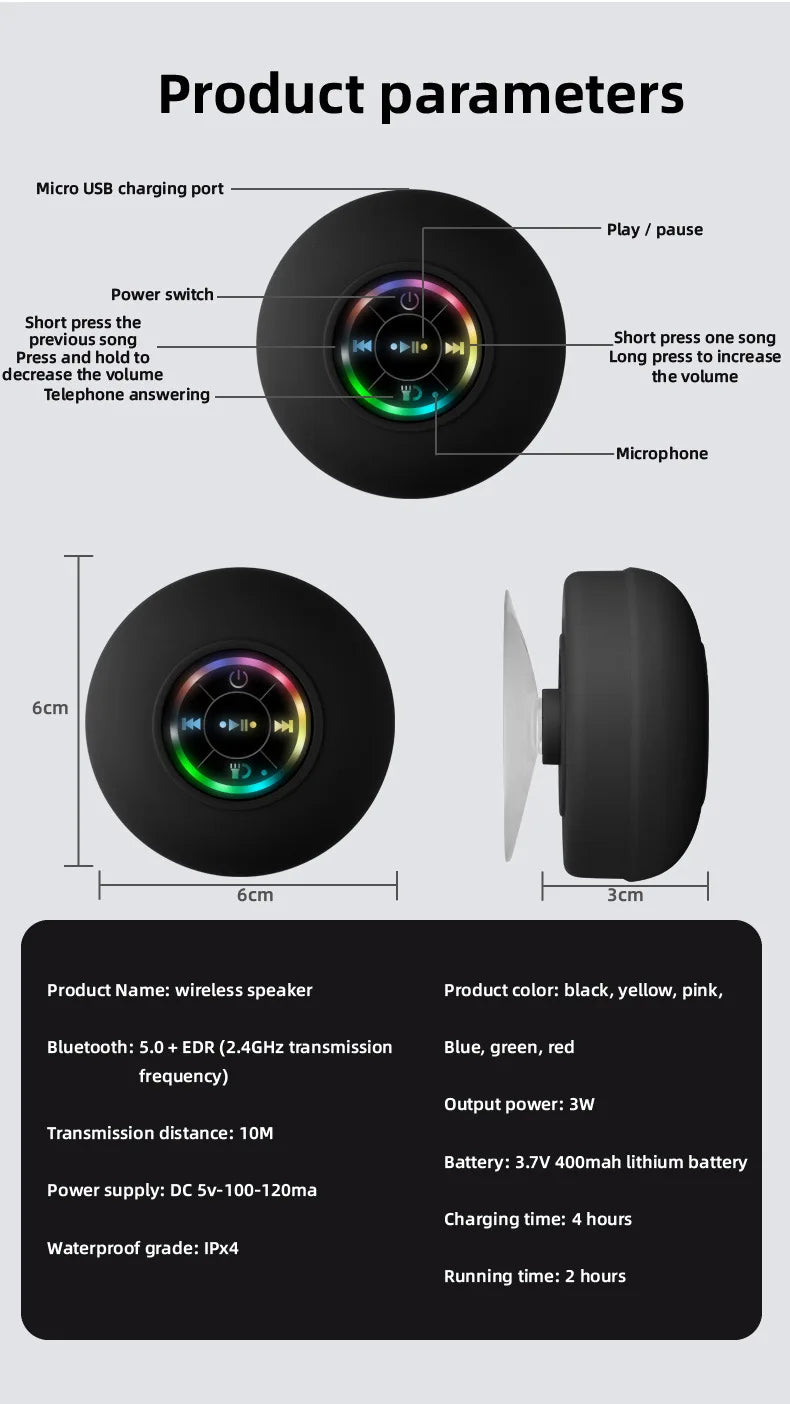 Mini Bluetooth Speaker Waterproof Bathroom Audio Wireless Shower Speakers RGB Light for Phone Soundbar Hand Free Car Loudspeaker Lootquake LLC
