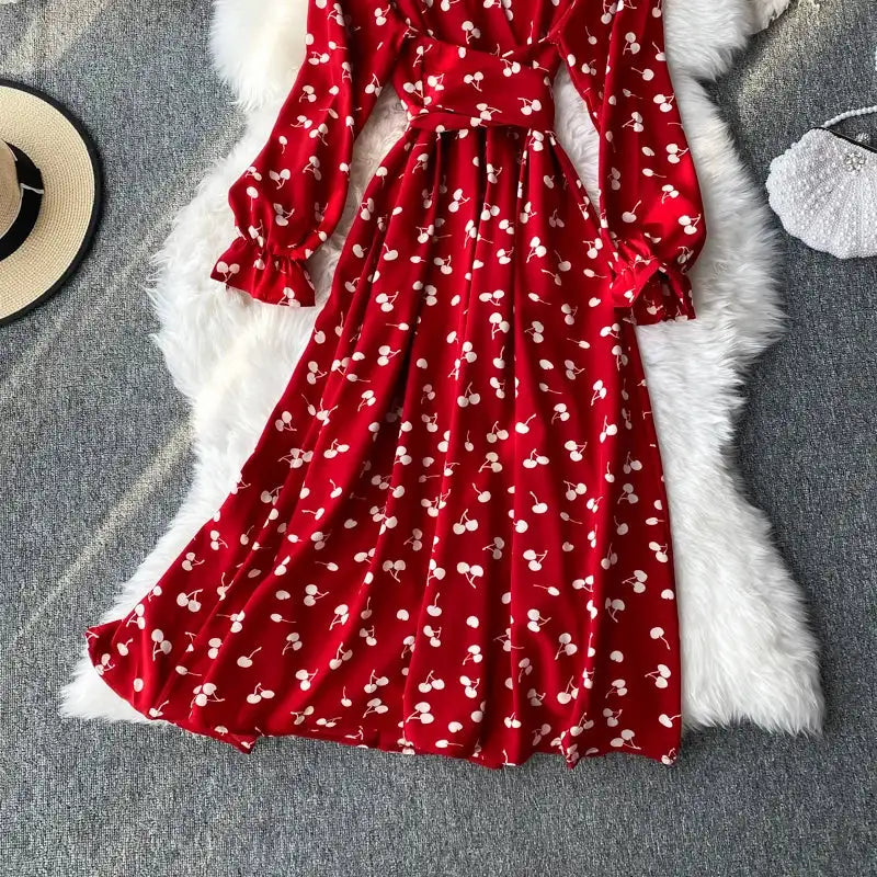 YuooMuoo Korean Fashion Cherry Print Women Dress 2025 New Spring Vintage Bandage Slim Waist Long Dress Elegant Party Vestidos