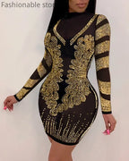 Women Sexy Solid Color Sheer Mesh Rhinestone Design Bodycon Nightclub Party Dress