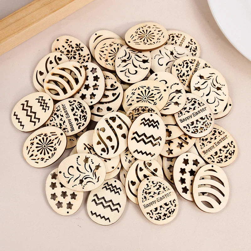 25/50Pcs Easter Eggs Wooden DIY Craft Hanging Ornaments Hollowed Wood Chips Happy Easter Party Decorations For Home Kids Gift Lootquake LLC