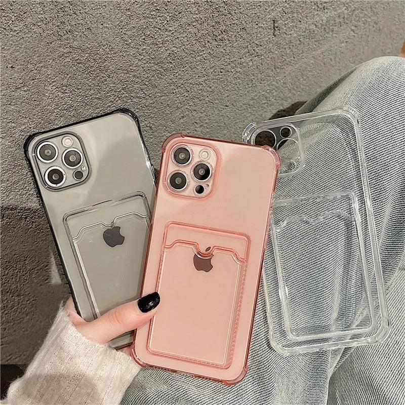 Transparent Card Slot Holder Case For iPhone11 13 12 Pro Max X XS XR Max 8 Plus Clear Shockproof Soft Wallet Cover Clear Case with Card Slot Slim Fit Shockproof Soft Protective Case Stevvex