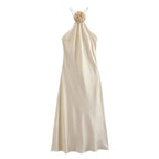 MUJER Flower Halter Dress Woman Off Shoulder Satin Long Dress Women Backless Sexy Evening Dresses Summer Party Dresses For Women