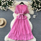 Designer 2025 Summer Pleated Chiffon Lace Long Dress Women Flower Embroidery Gold Button Belt Evening Party Dresses Wedding Robe Lootquake LLC
