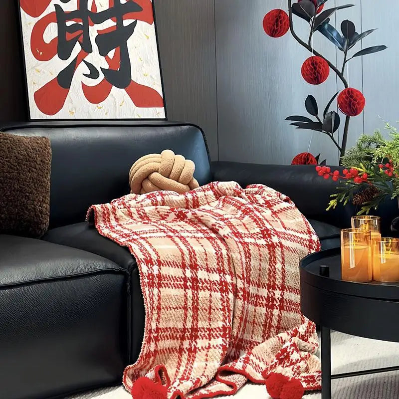 Half Flannel Plaid Blanket with Wool Balls Four Season Universal Red Soft Sofa Blanket Warm Napping Shawl for Home Travel Lootquake LLC