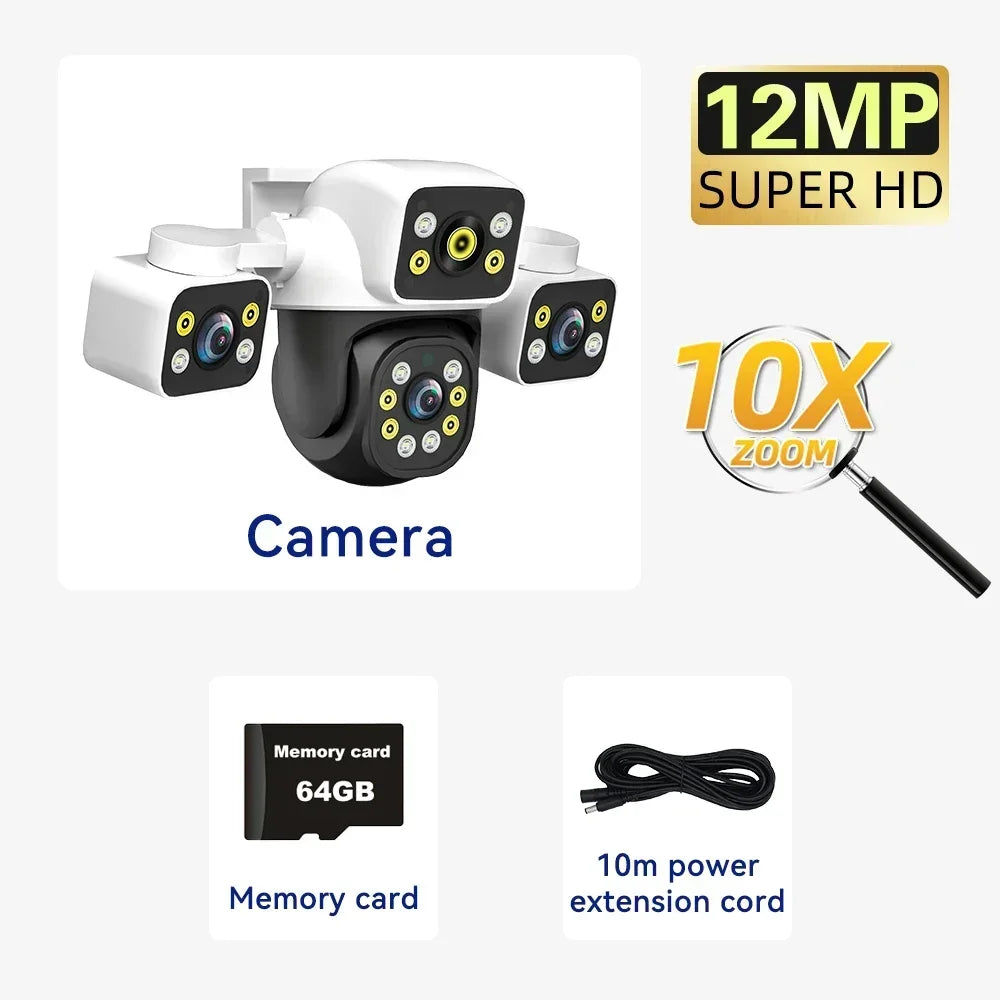 6K 12MP Outdoor WiFi Camera Three Screen Three Lens 10X Zoom PTZ Automatic Tracking Audible Visual Alarm Security Camera Lootquake LLC