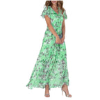 Vestidos Verano Moda 2024 Women's Swing Long Dress Chiffon Floral Short Sleeve Ruffle V Neck Fashion Waist Flowy Dress платье