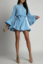 2025 Elegant Pleated Mini Dress - Flared Sleeve Lace-Up Summer Dress | Femstylo
