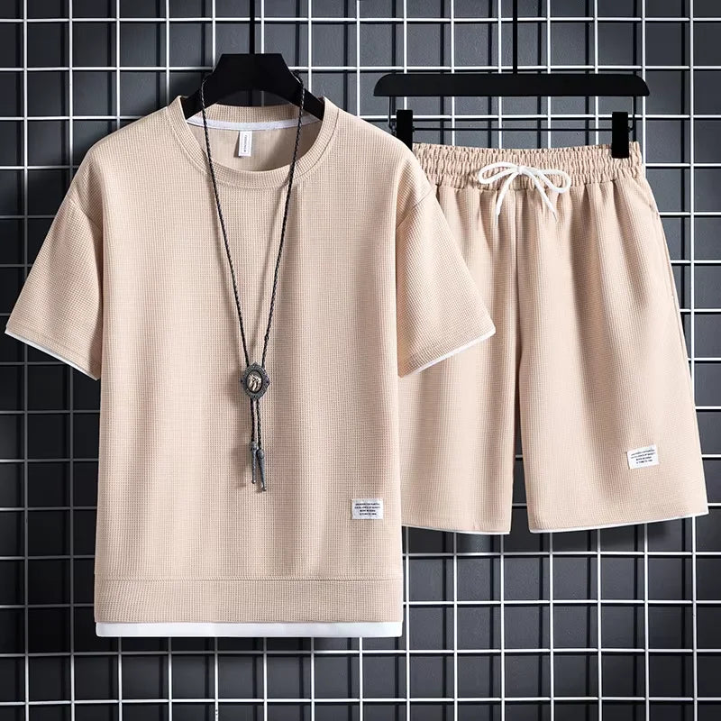 Summer Active Men's Waffle T-Shirt & Shorts Set THRIXINE