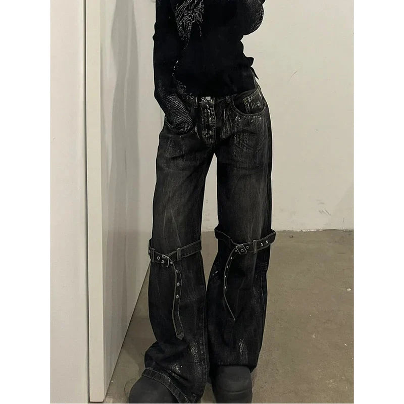 Black Women's Jeans High Waist Hip Hop Straight Fashion Pants Streetwear Harajuku Y2K Star 2024 Female Wide Leg Denim Trouser Lootquake LLC