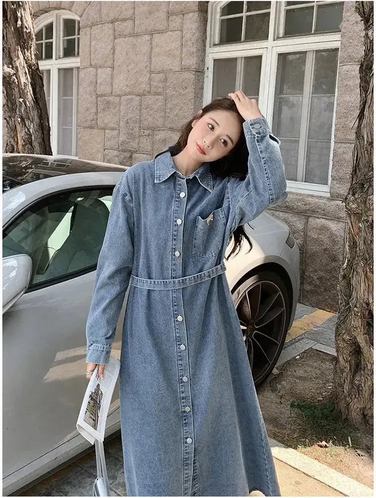 Denim Long Dress 2024 New Fashion Spring Autumn Korean Sweet Cargo LOOSE FIT Full Sleeve Girls Dress All-match