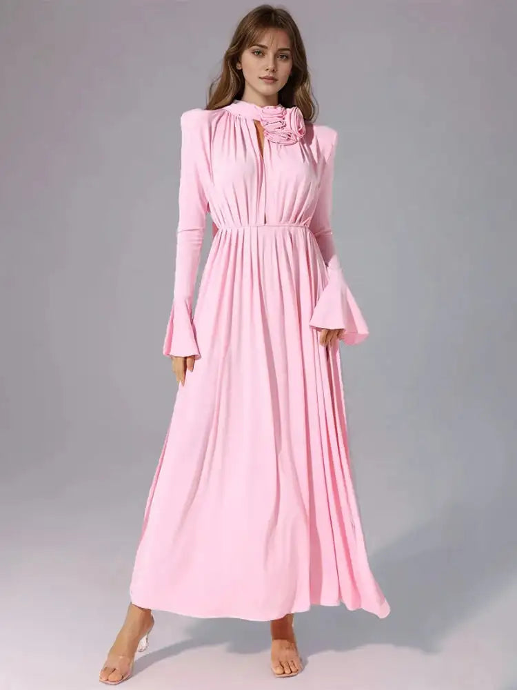 Solid Patchwork Appliques Dresses For Women Half High Collar Flare Sleeve High Waist Elegant Long Dress Female Fashion New