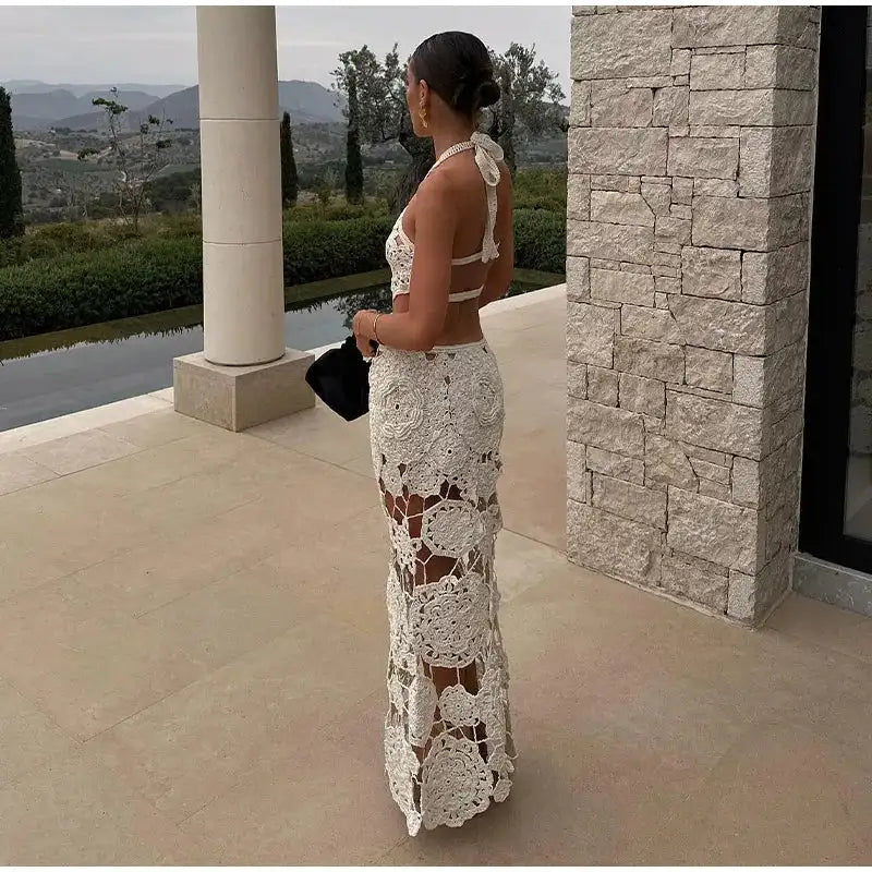 Fashion Hollow Out Halter Maxi Dress For Women 2024 Sexy Sleeveless Backless Long Dress Holiday Hook Flower Knitted Beach Robe