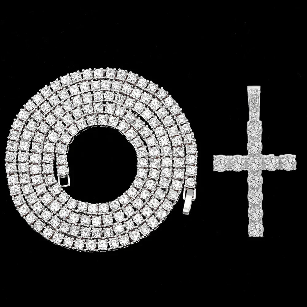 Hip Hop Cross Pendant Necklace Strap 4mm Zircon Tennis Chain Iced Out Sparkling Necklace Men Women Punk Jewelry Fashion Gift Lootquake LLC