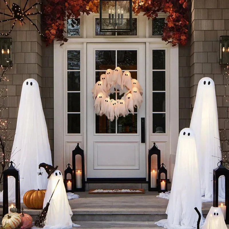 New Exquisite Halloween Light-Up Ghost Wreath Decoration For Ndoor Outdoor Wall Decor Spooky Front Door Led Hanging Decor Props
