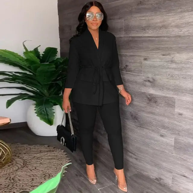 V-Neck Lace-up Shirt Tight Pants Set Pi-Mart