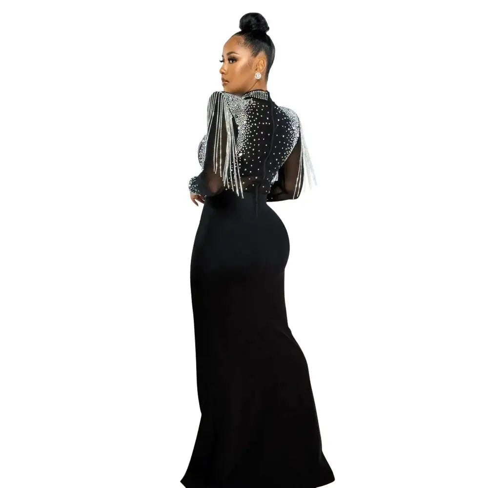 CM.YAYA Women Mesh See Through Long Sleeve Diamonds Hot Rhinestones Mermaid Long Dress Fall Evening Sexy Party Dresses Vestidos