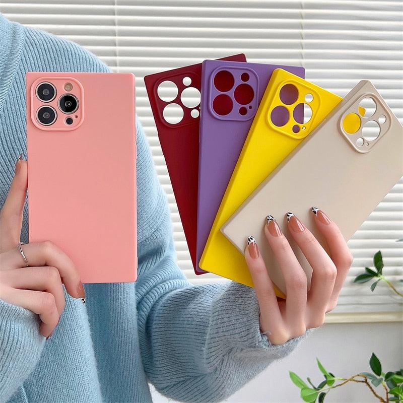 Fashion Candy Color Square Soft Silicone Phone Case For iPhone 13 11 12 Pro Max Bumper Shockproof Cover Square Silicone Camera Case Ultra Thin Lightweight Silky Soft Case Compatible with iPhone Stevvex