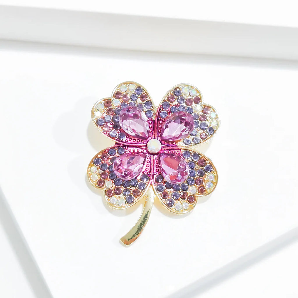 Cross border popular imitation emerald rhinestone four leaf clover brooch chest flower retro brooch