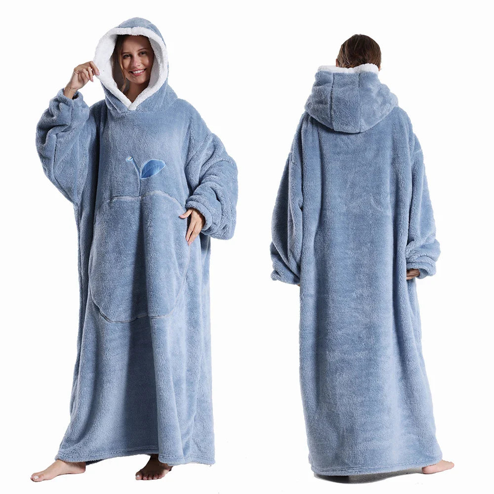 Extra Long Wearable Blankets Winter Flannel Hooded Blanket with Full Sleeves Men Women Cozy Soft Throw Adult TV Blanket Lootquake LLC