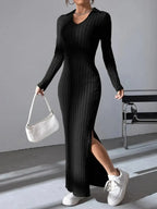 2024 Spring/Summer Knitted Dress Slim Fit Fashion Casual Women's Lapel Long sleeved Dress Concave Stripe Solid Color Long Dress