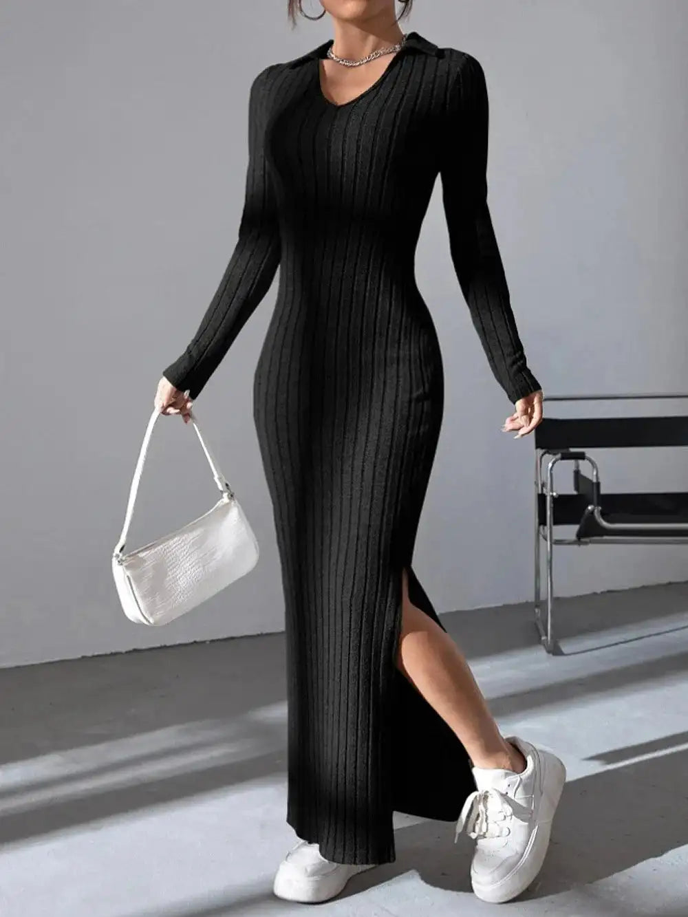 2024 Spring/Summer Knitted Dress Slim Fit Fashion Casual Women's Lapel Long sleeved Dress Concave Stripe Solid Color Long Dress
