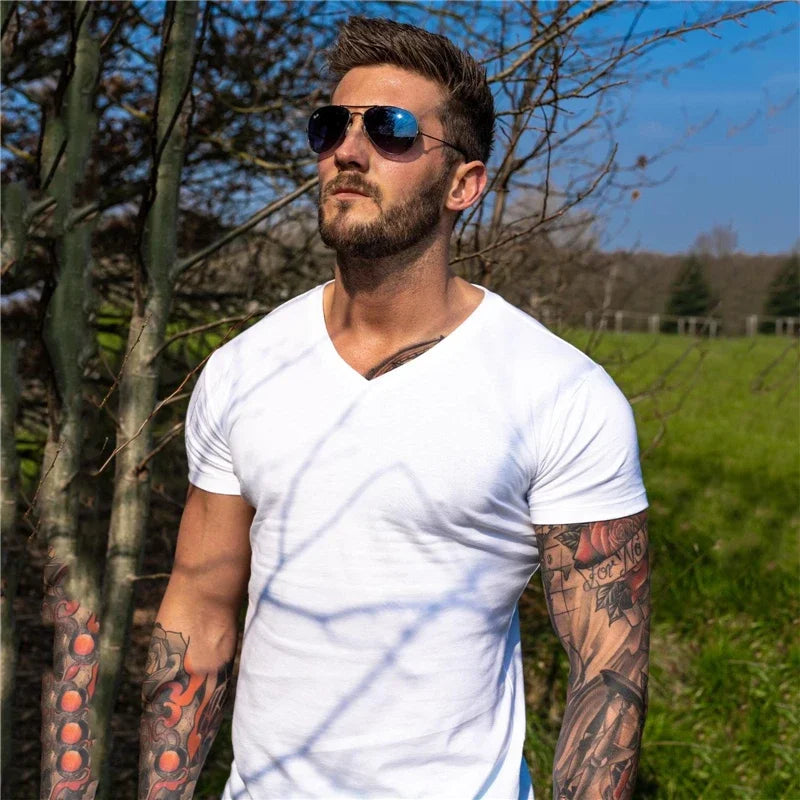 Men Fashion V Neck Short Sleeve Fitness Workout Summer Breathable Cotton - SJB-DIAMOND ELITES