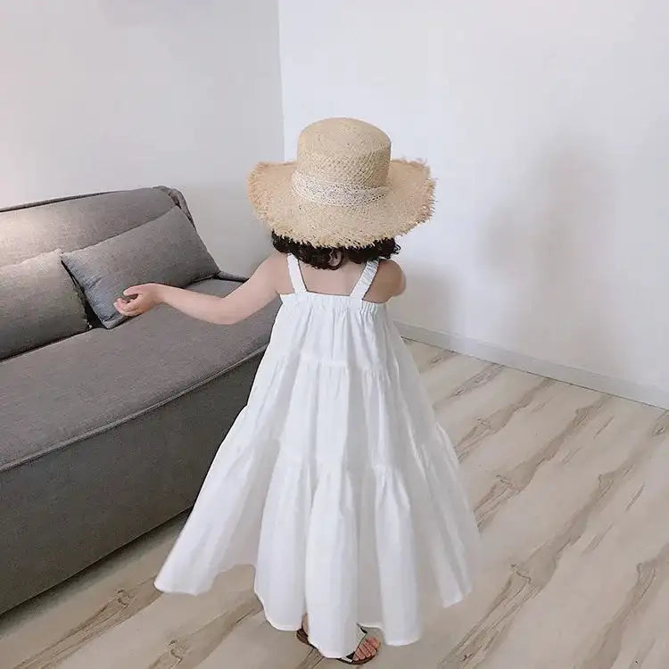 Girls Cotton Solid White Dress Ruffles Kids Strap Dress Summer Sleeveless Toddler Baby Long Dress Girl Clothes 1-6Y Kleid/robe