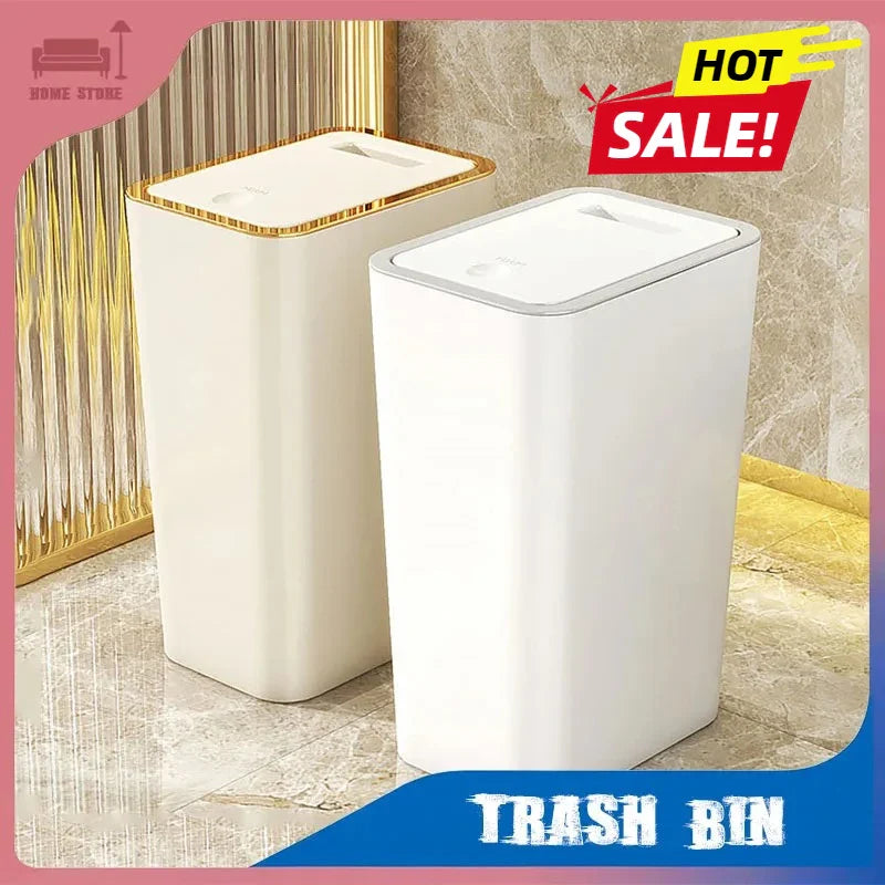 Garbage Bin with Lid Large Capacity Semi Automatic Trash Can Toilet Living Kitchen Bedroom Press Plastics Trash Bin Home Supply