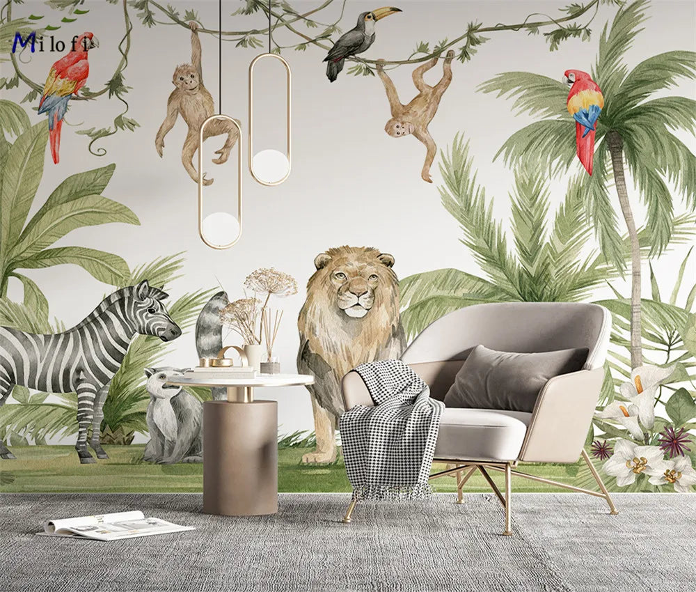 Milofi custom watercolor jungle nursery 3d wallpaper wall mural for kids nursery room 3d animal wallpaper sticker art deco
