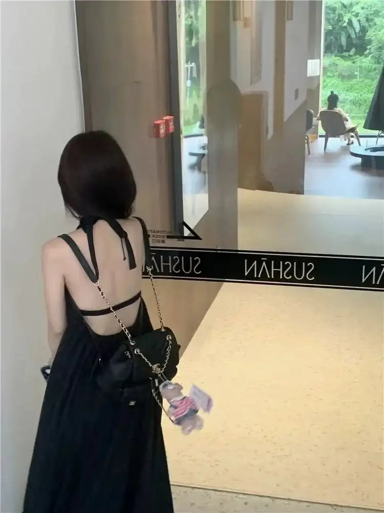 Summer Vacation Dress Thailand Style Open-back Halter Neck Age-reducing Photography Beach Long Dress Belted